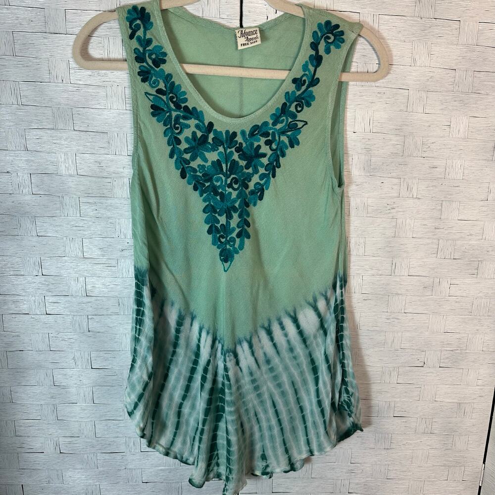 Advance apparels women's tank top tie-dye embroidered green hippie bohemian
